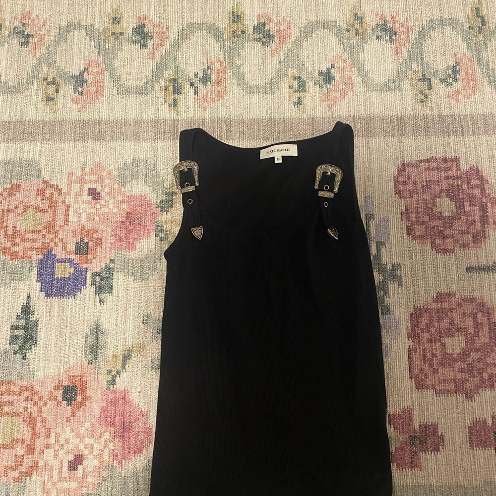 Pixie Market Black Top with Decorative Buckles